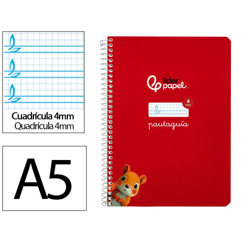 Cuaderno espiral liderpapel a5 pautaguia tapa blanda 40h 75gr cuadro pautado 4mm color rojo
