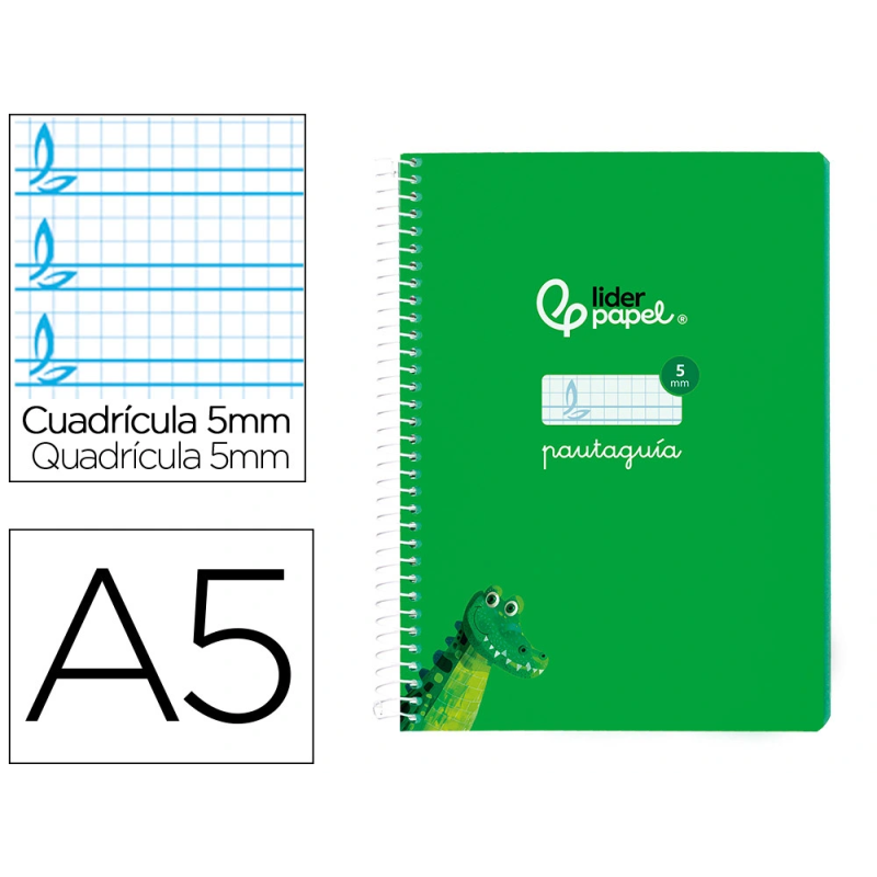 Cuaderno espiral liderpapel din a5 pautaguia tapa blanda 40h 75gr cuadro pautado 5mm color verde