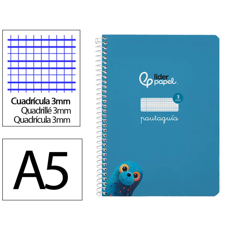 Cuaderno espiral liderpapel a5 pautaguia tapa dura 80h 90gr cuadro pautado 3mm color azul