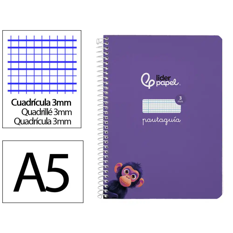 Cuaderno espiral liderpapel a5 pautaguia tapa dura 80h 90gr cuadro pautado 3mm color lila