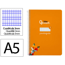 Cuaderno espiral liderpapel a5 pautaguia tapa dura 80h 90gr cuadro pautado 3mm color naranja