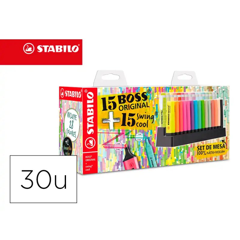 Rotulador stabilo fluorescente set de mesa 15 unidades boss 70 + 15 unidades swing cool colores surtidos