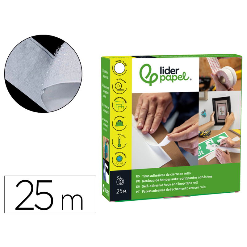 Cinta de cierre adhesiva liderpapel velcro blanco 20mm x 25m