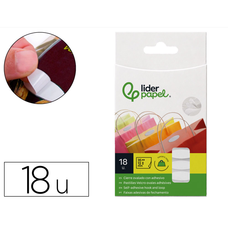 Velcro autoadhesivo ovalado liderpapel blanco 35x12 mm blister de 18 unidades