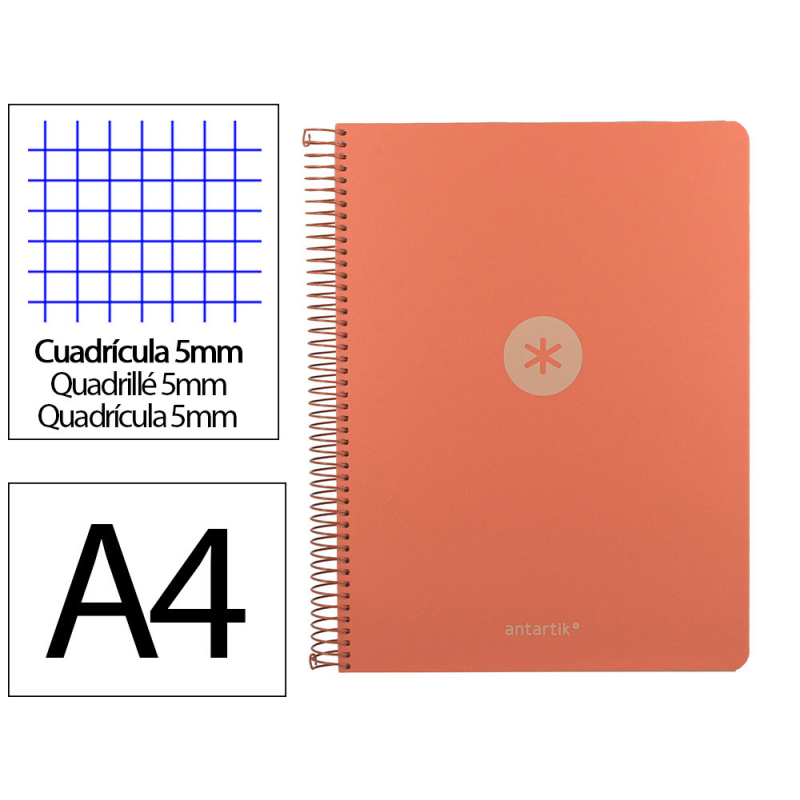 Cuaderno espiral antartik micro a4 tapa foam 120h 90gr cuadro 5mm 5 bandas 4 taladros color coral