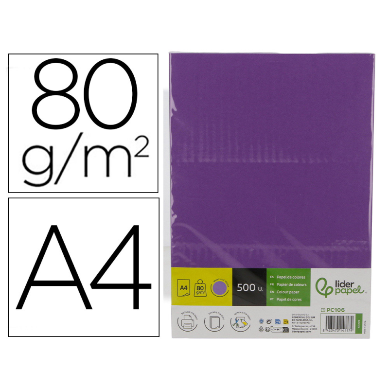 Papel color liderpapel din a4 80 gr lila intenso paquete de 500 hojas
