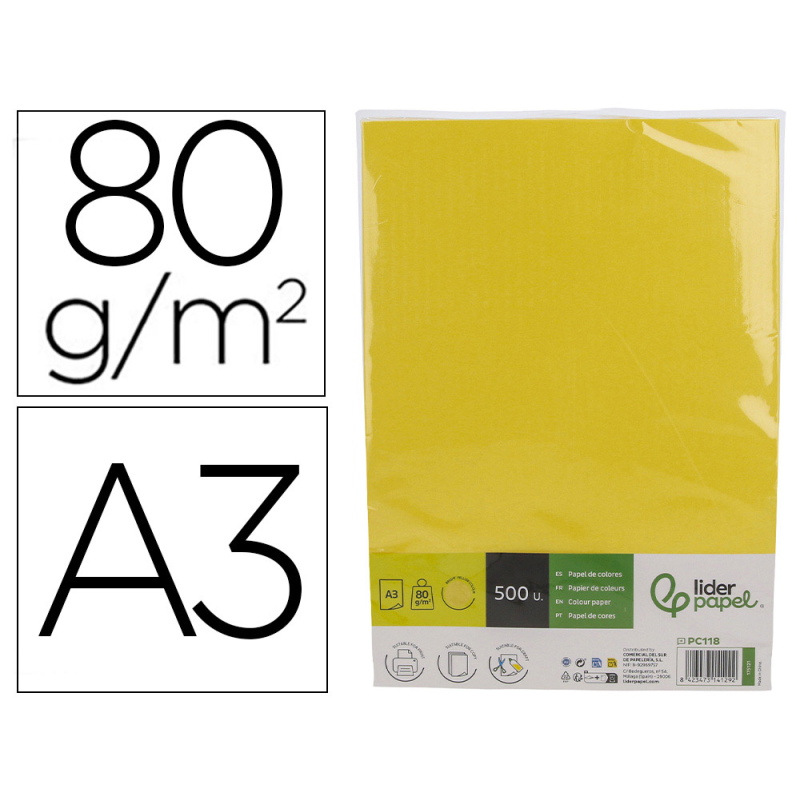 Papel color liderpapel din a3 80 gr amarillo intenso paquete de 500 hojas