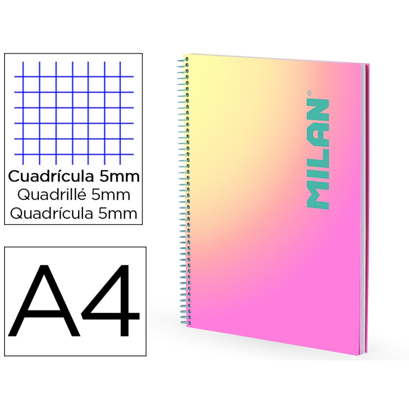 Cuaderno espiral milan coleccion sunset din a4 tapa dura 90 hojas 95 gr cuadricula 5 mm rosa