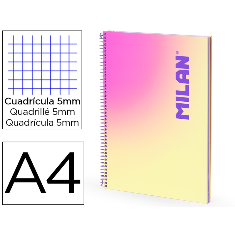 Cuaderno espiral milan coleccion sunset din a4 tapa dura 90 hojas 95 gr cuadricula 5 mm amarillo