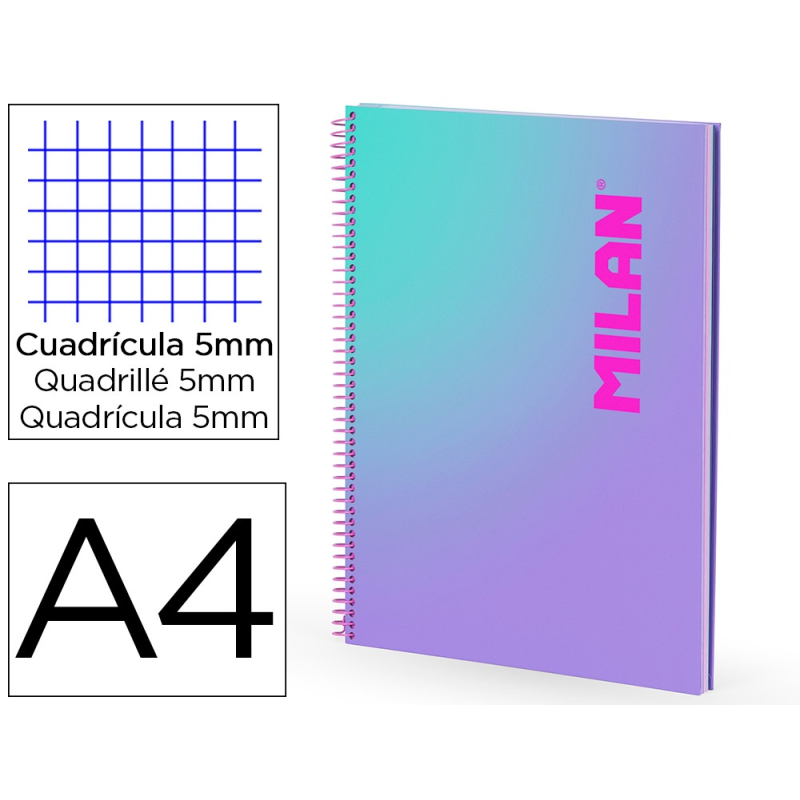 Cuaderno espiral milan coleccion sunset din a4 tapa dura 90 hojas 95 gr cuadricula 5 mm lila