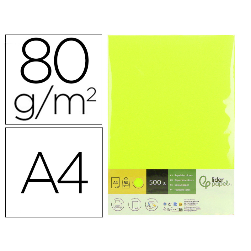 Papel color liderpapel din a4 80 gr amarillo neon paquete de 500 hojas
