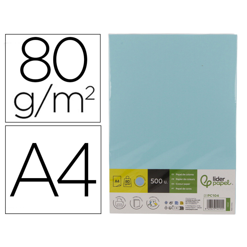 Papel color liderpapel din a4 80 gr celeste paquete de 500 hojas