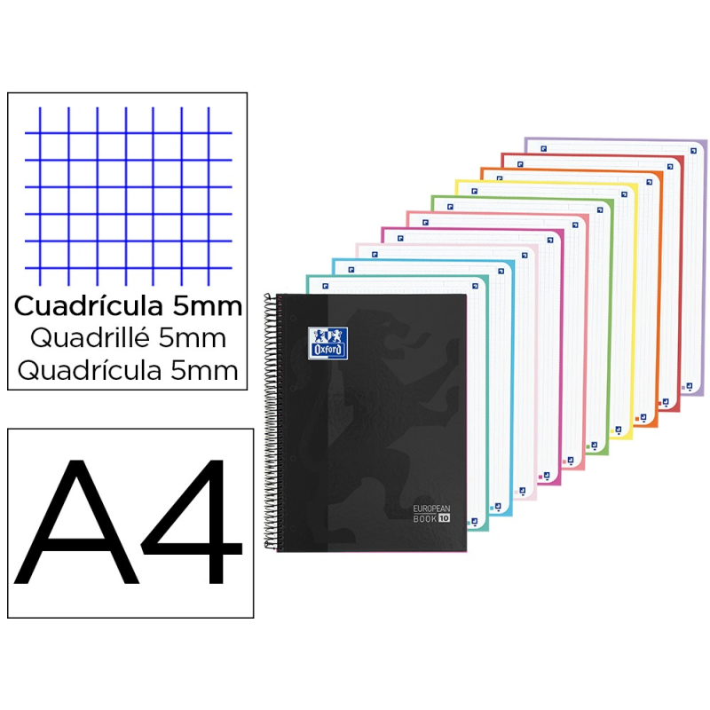Cuaderno espiral oxford europeanbook 10 tapa extradura din a4 200 hojas cuadro 5 mm color negro