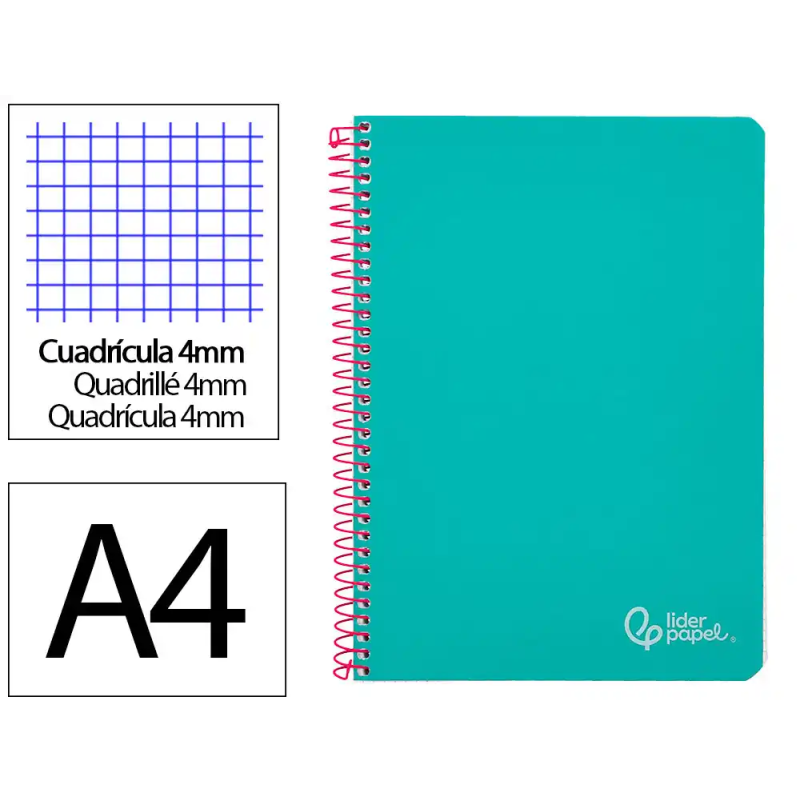 Cuaderno espiral liderpapel a4 witty tapa dura 80h 90gr cuadro 4mm con margen color turquesa