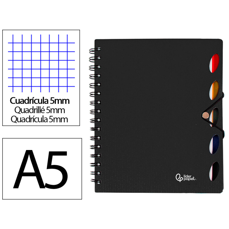 Cuaderno espiral liderpapel a5 micro executive tapa plastico 100h 80gr cuadro 5mm 5 se paradores con gomilla negro