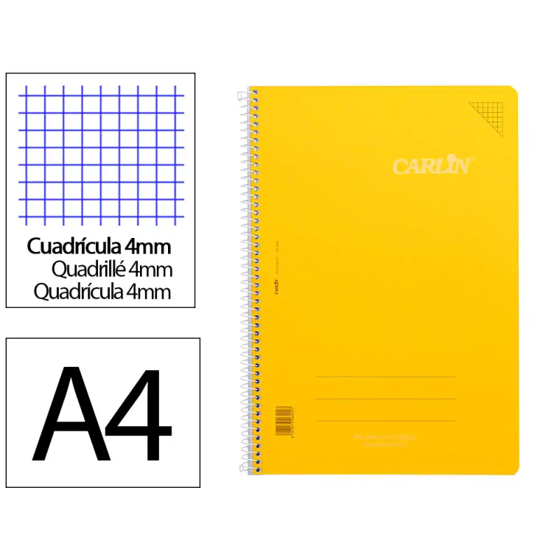 Cuaderno espiral carlin a4 tapa plastico 80h 90gr cuadro 4mm con margen color amarillo