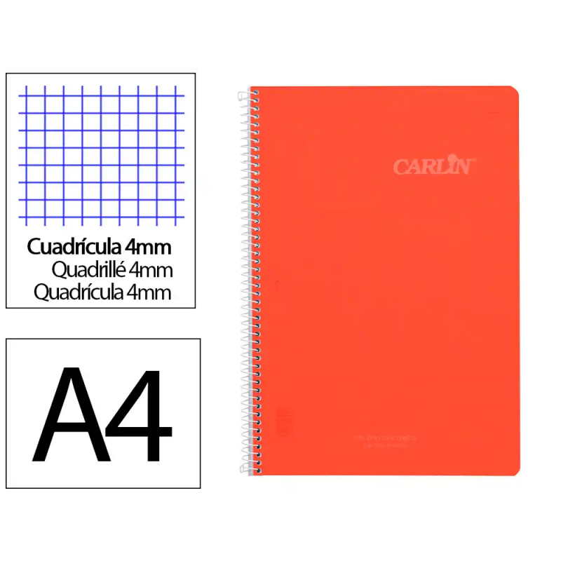 Cuaderno espiral carlin a4 tapa plastico 80h 90gr cuadro 4mm con margen color rojo