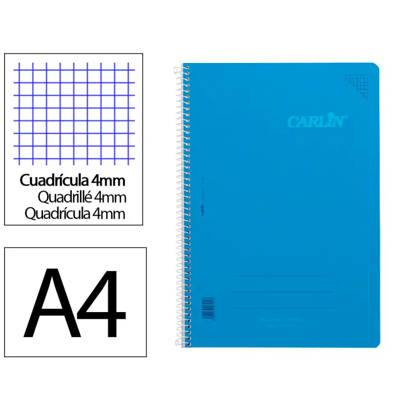 Cuaderno espiral carlin a4 tapa plastico 80h 90gr cuadro 4mm con margen color azul