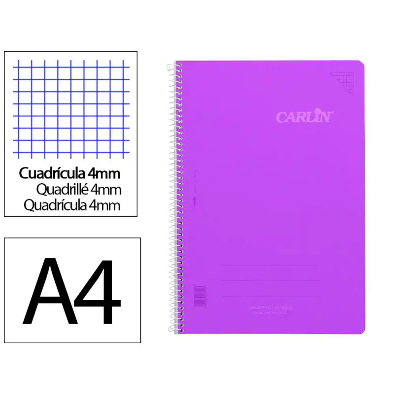 Cuaderno espiral carlin a4 tapa plastico 80h 90gr cuadro 4mm con margen color violeta