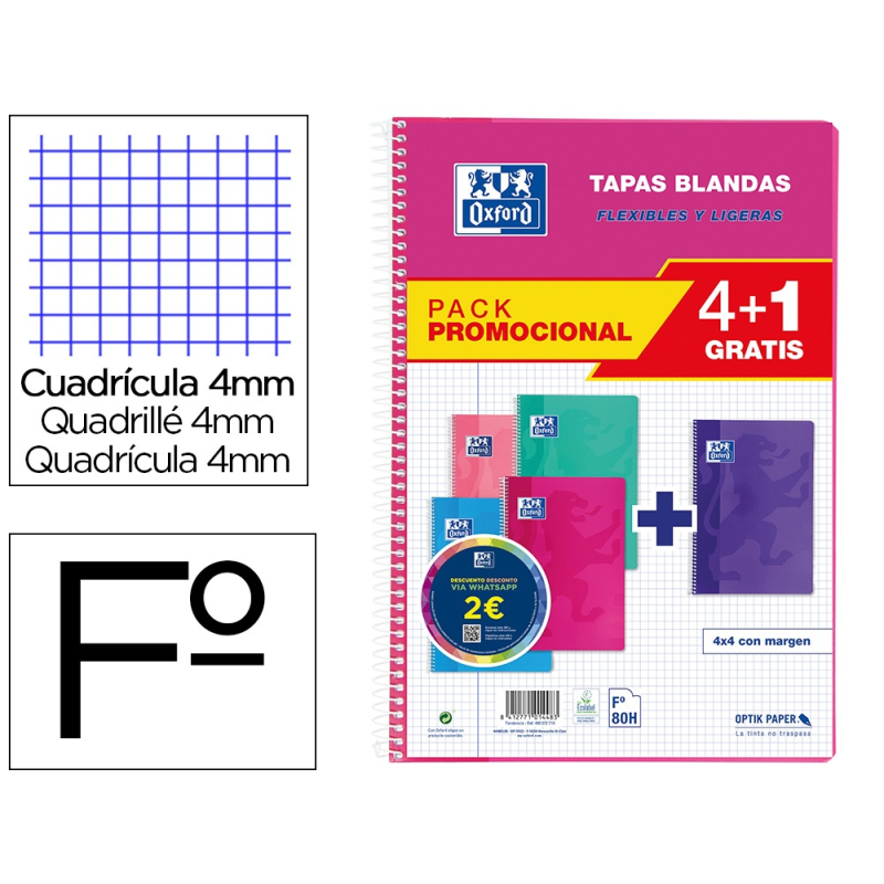 Cuaderno espiral oxford tapa blanda folio 80 hojas 90gr cuadro 4 mm colores tendencias pack de 4+1