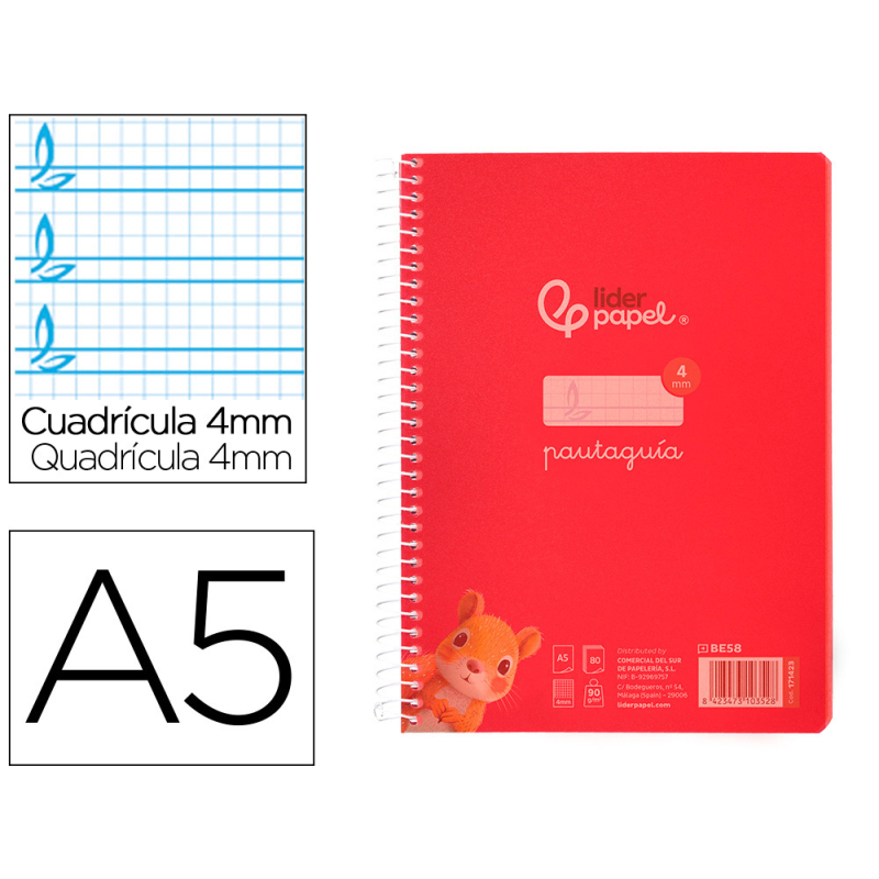 Cuaderno espiral liderpapel a5 pautaguia tapa plastico 80h 90gr cuadro pautado 4mm con margen color rojo
