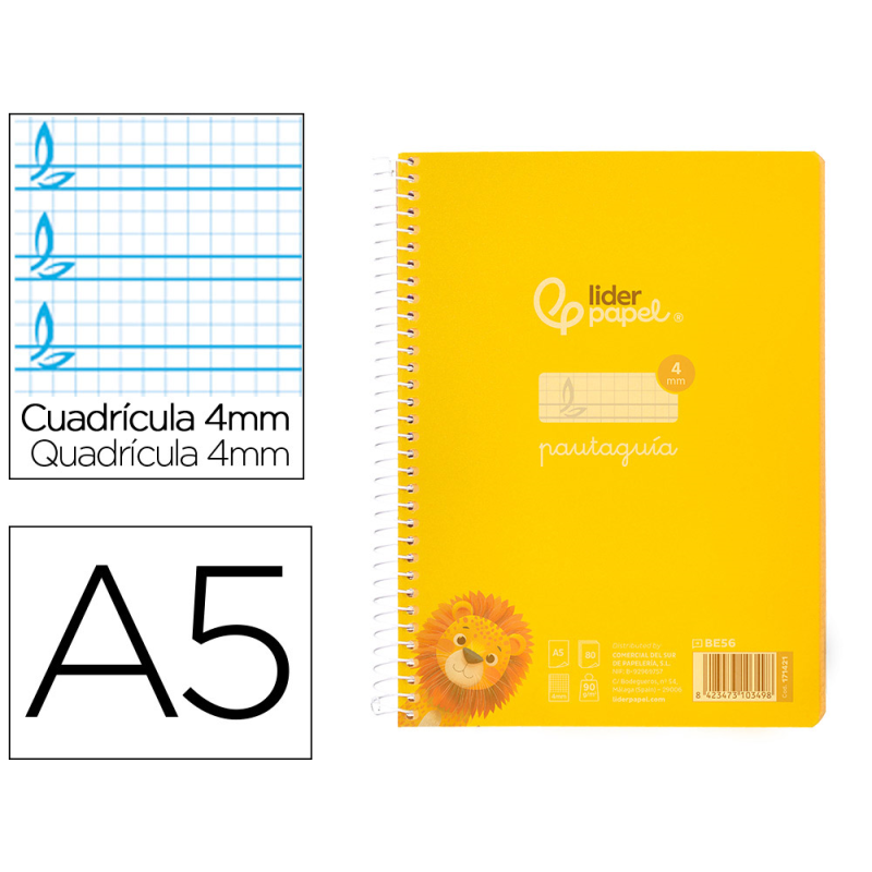 Cuaderno espiral liderpapel a5 pautaguia tapa plastico 80h 90gr cuadro pautado 4mm con margen color amarillo