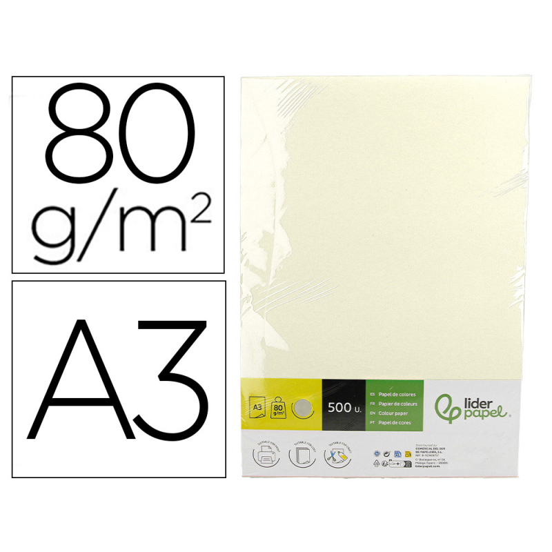 Papel color liderpapel din a3 80 gr crema paquete de 500 hojas