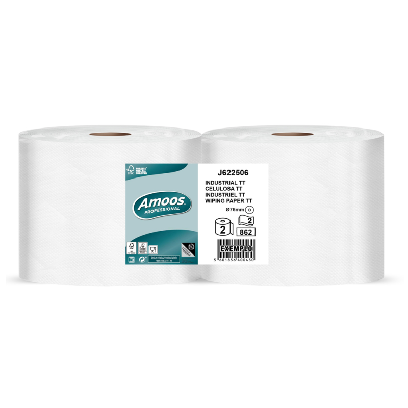 Papel secamanos amoos industrial 2 capas 32g/m2 paquete de 2 rollos