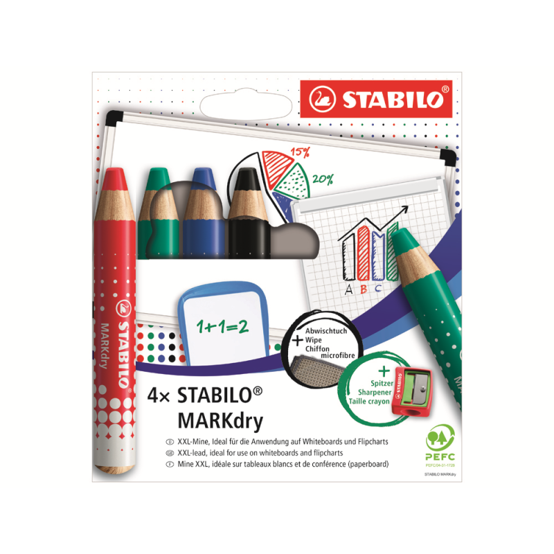 Lapiz marcador en seco stabilo markdry para pizarra blanca estuche de 4 unidades colores surtidos
