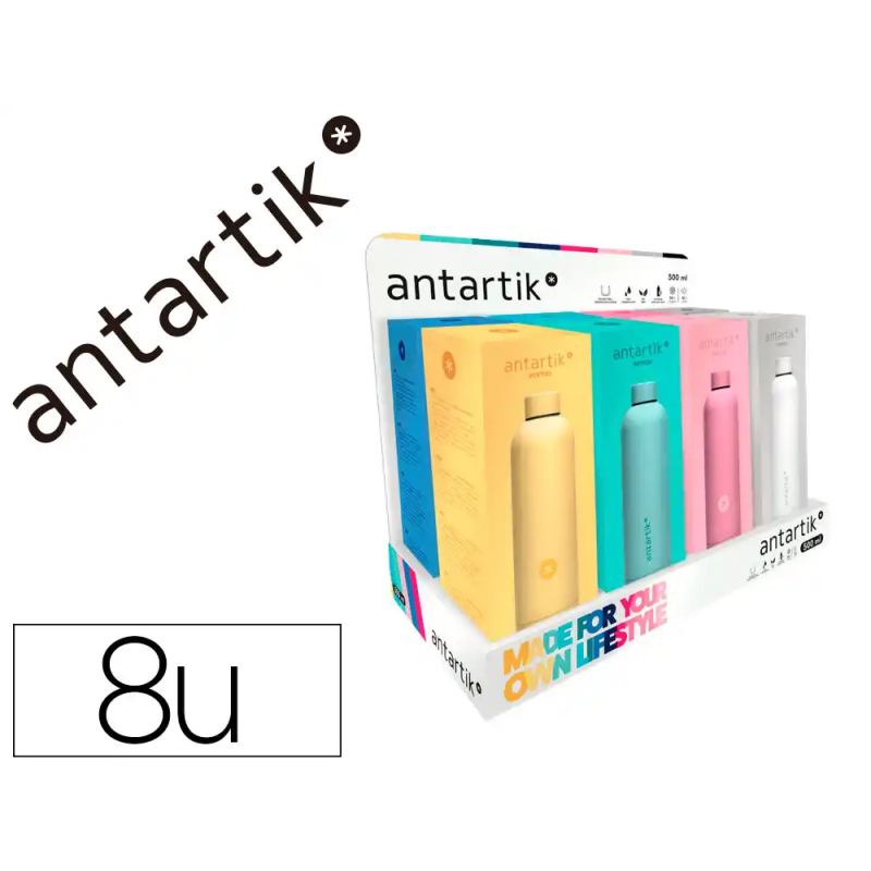 Botella antartik isotermica acero inoxidable libre de bpa 500ml expositor con 8 botellas