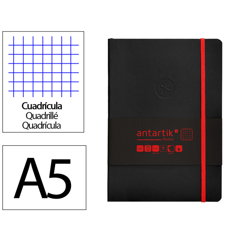 Cuaderno con gomilla antartik notes tapa blanda a5 hojas cuadricula negro y rojo 80 hojas 80 gr fsc