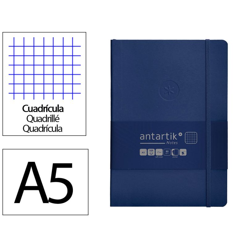 Cuaderno con gomilla antartik notes tapa blanda a5 hojas cuadricula azul marino 80 hojas 80 gr fsc