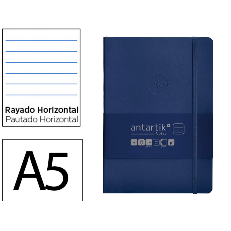 Cuaderno con gomilla antartik notes tapa blanda a5 hojas rayas azul marino 80 hojas 80 gr fsc