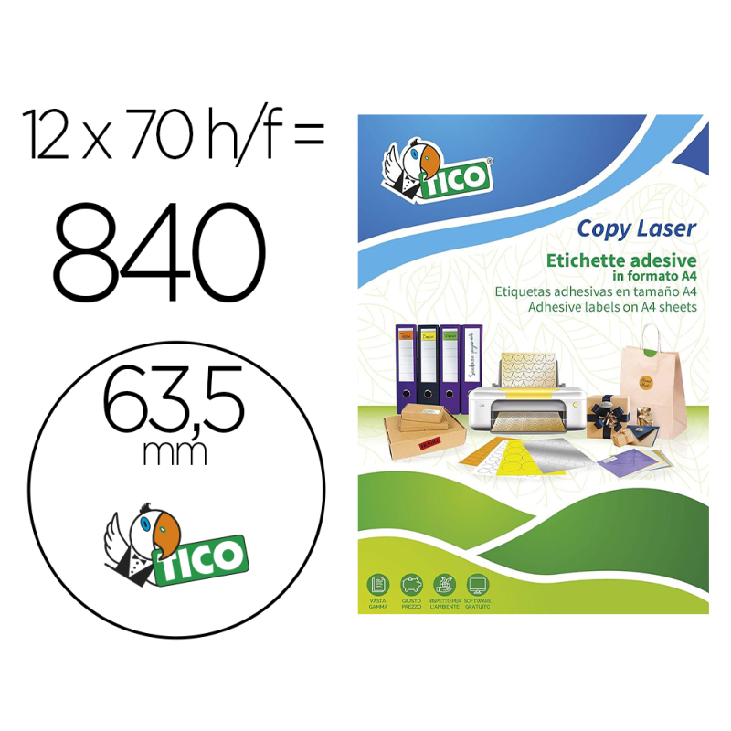 Etiqueta adhesiva tico verde f luorescentes permanente fsc laser/inkjet/fotocopia redonda 63,5mm caja de 840 unidades