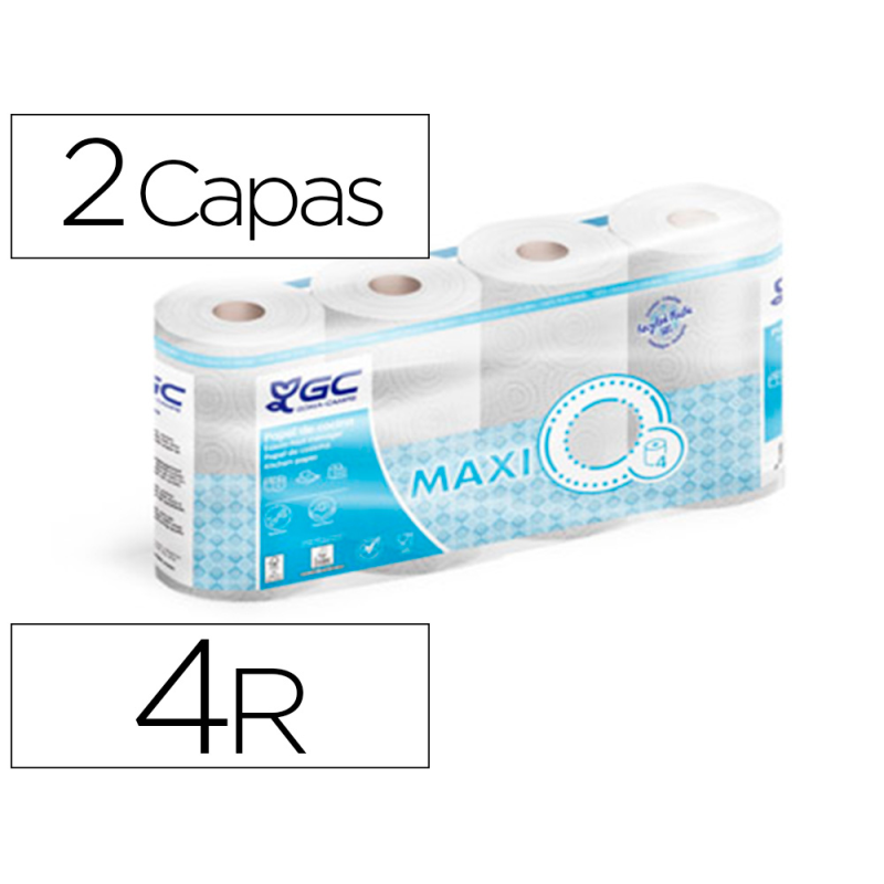 Papel de cocina goma camps 2 capas 90 servicios 224 mm x 21,6 m 21,5 g/m2 paquete de 4 rollos