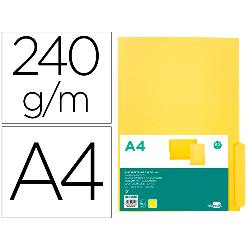 Subcarpeta cartulina liderpapel din a4 pestaña derecha 240g/m2 color amarillo