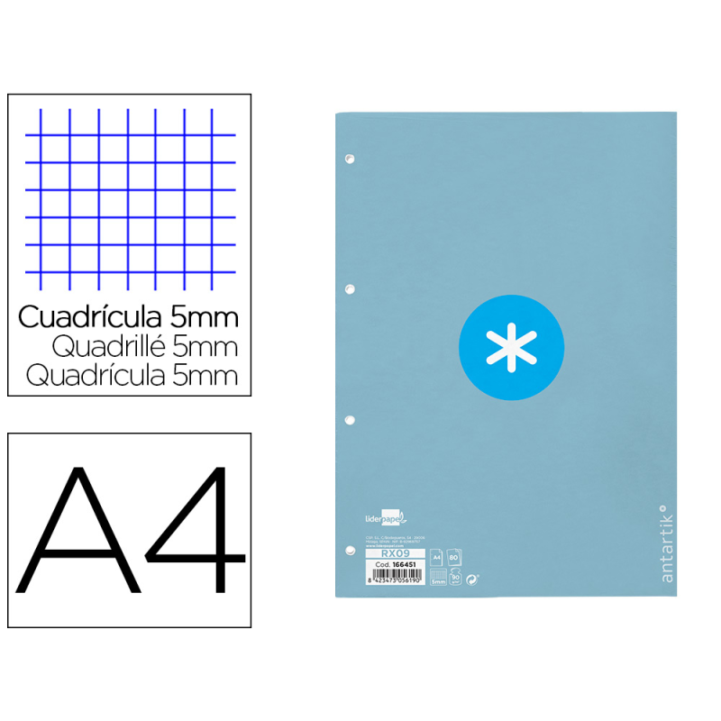 Recambio antartik a4 80 hojas 90gr cuadro 5mm 4 taladros 1 banda con marco color celeste
