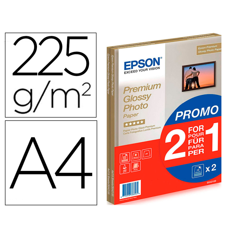 Papel fotografico epson premiun glossy photo satinado din a4 promo 2 x 15 hojas 225 gr