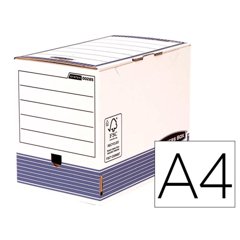 Caja archivo definitivo fellowes a4 carton reciclado 100% lomo 200 mm montaje automatico color azul