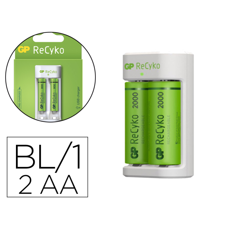 Cargador de pilas recargables gp aa/aaa incluye 2 pilas aa 2100 mah