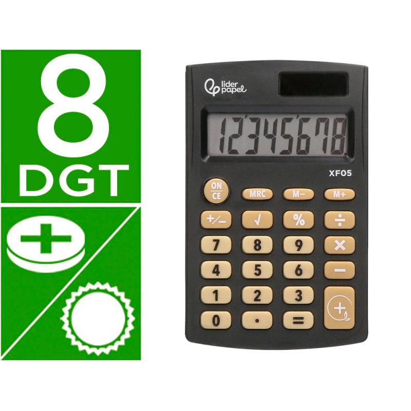Calculadora liderpapel bolsillo xf05 8 digitos solar y pilas color negro 98x62x8 mm