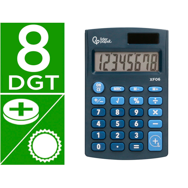 Calculadora liderpapel bolsillo xf06 8 digitos solar y pilas color azul 98x62x8 mm