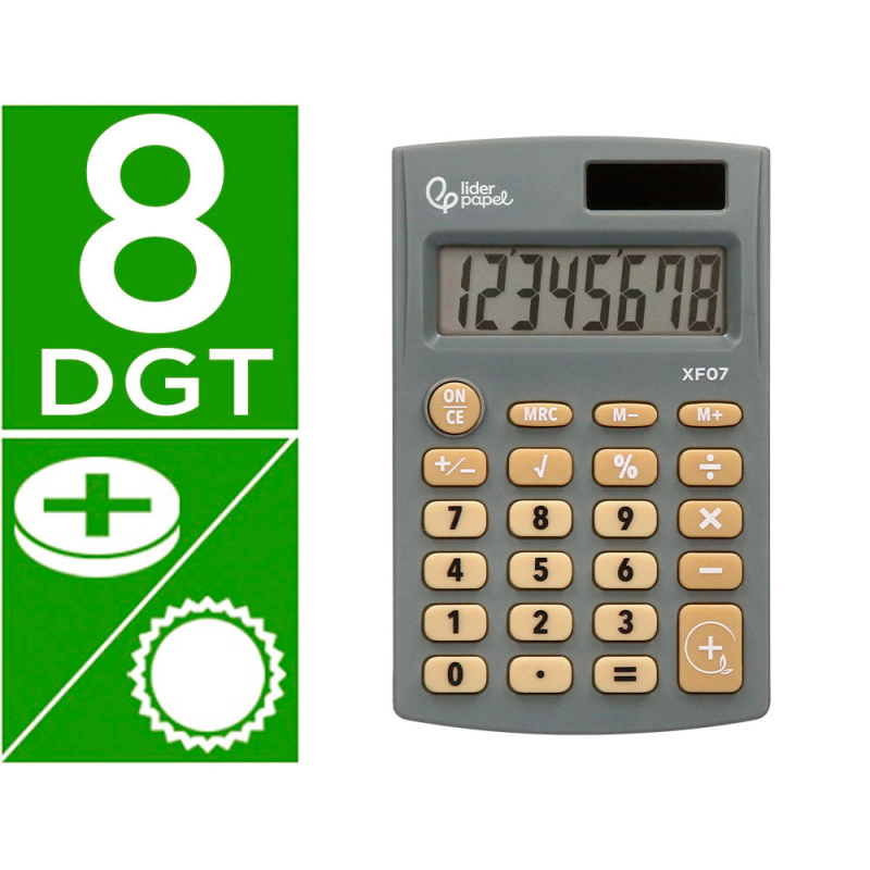 Calculadora liderpapel bolsillo xf07 8 digitos solar y pilas color gris 98x62x8 mm