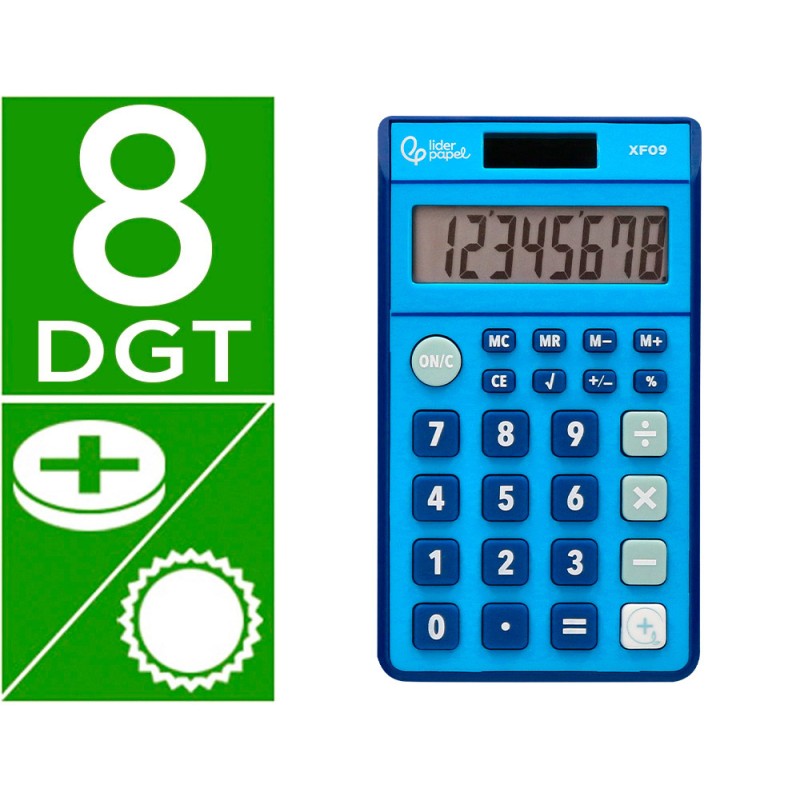 Calculadora liderpapel bolsillo xf09 8 digitos solar y pilas color azul 115x65x8 mm