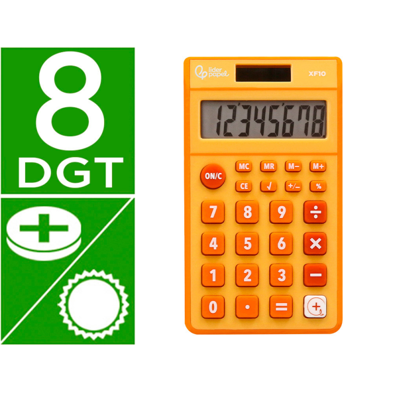 Calculadora liderpapel bolsillo xf10 8 digitos solar y pilas color naranja 115x65x8 mm