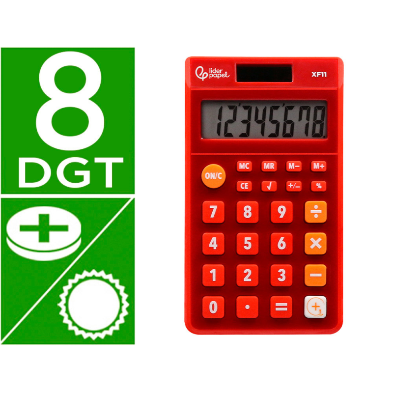 Calculadora liderpapel bolsillo xf11 8 digitos solar y pilas color rojo 115x65x8 mm