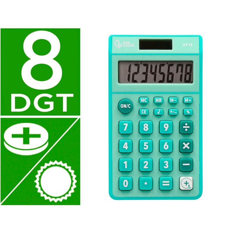 Calculadora liderpapel bolsillo xf13 8 digitos solar y pilas color verde 115x65x8 mm