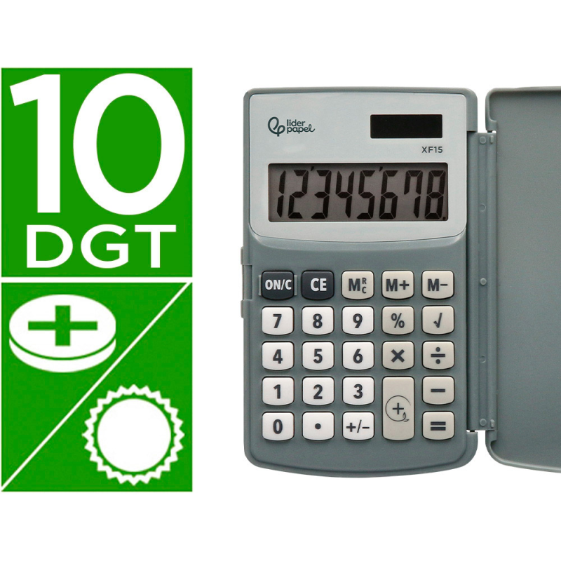 Calculadora liderpapel bolsillo xf15 10 digitos con tapa solar y pilas color gris 123x75x12 mm