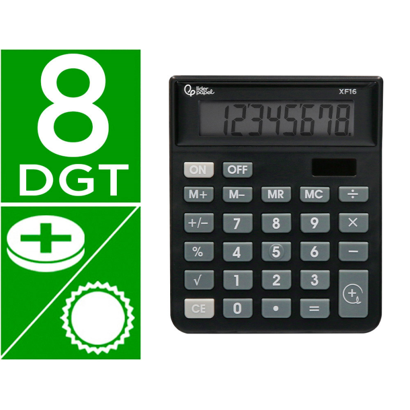 Calculadora liderpapel sobremesa xf16 8 digitos solar y pilas color negro 127x105x24 mm