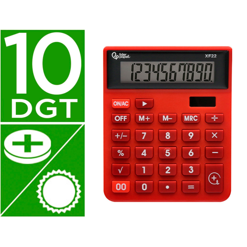 Calculadora liderpapel sobremesa xf22 10 digitos solar y pilas color rojo 127x105x24 mm